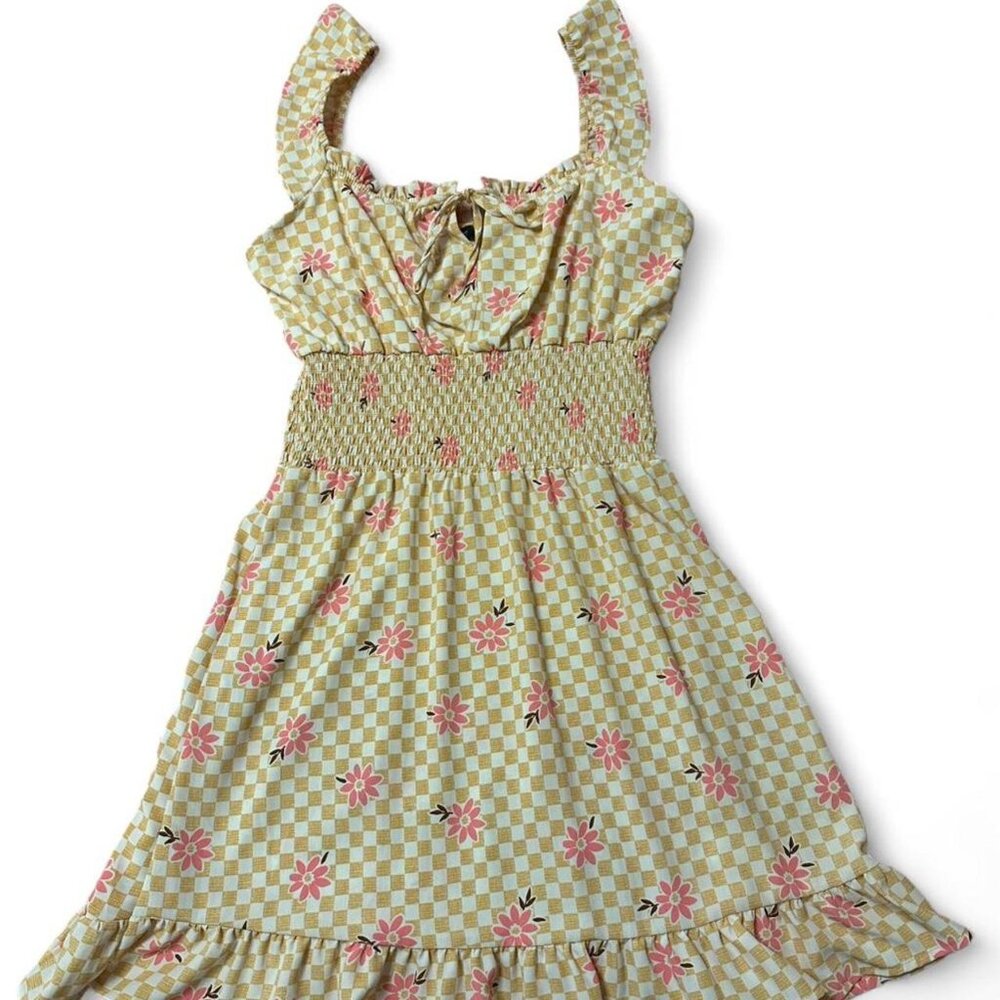 Lily Rose floral block print dress with tie detail and gathered waist.